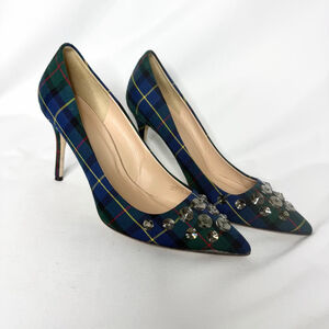 J.Crew Pointed Toe Plaid Embellished Heels Size 9 Blue Green